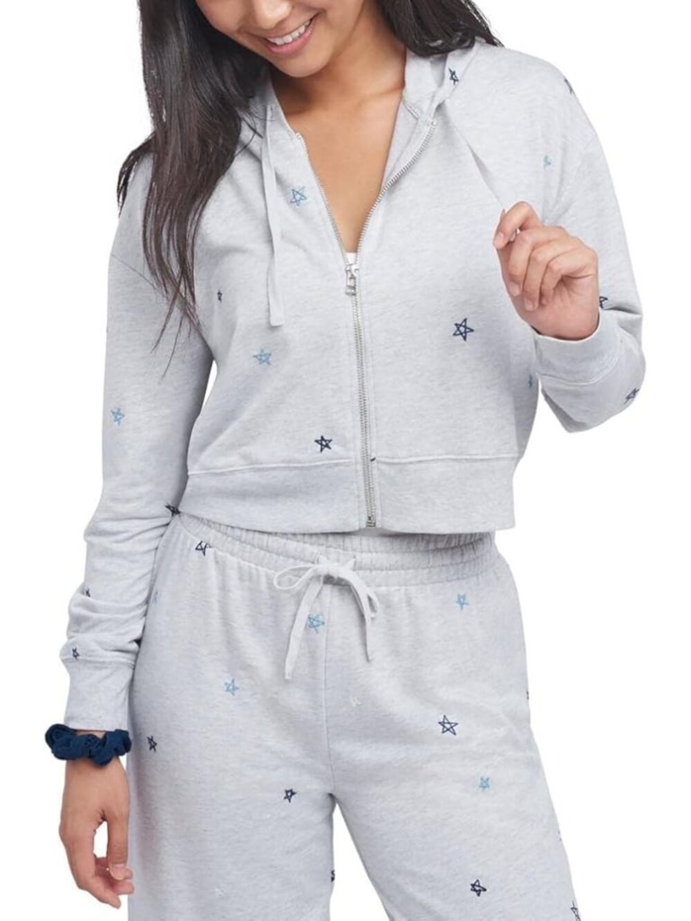 Splendid Women Long Sleeve Star Embroidered Hoodie Heather Grey Multi Size Large